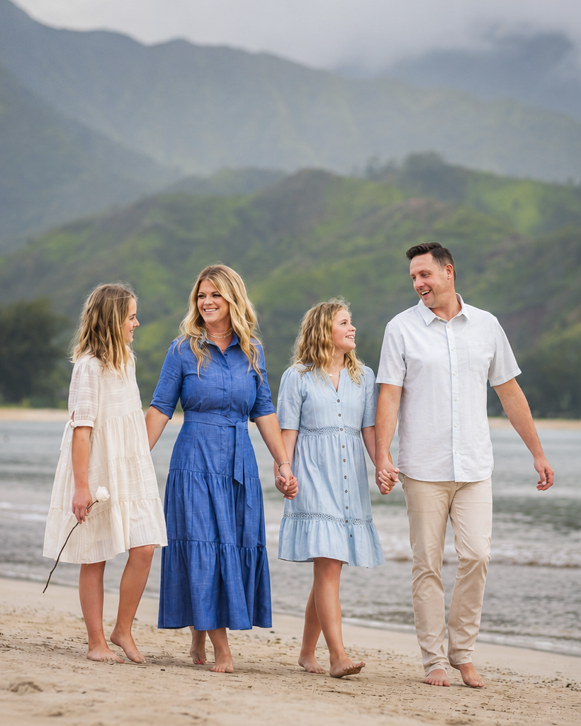 A  photo of LDS Premier Tours' booking agent with her family walking along the seaside
