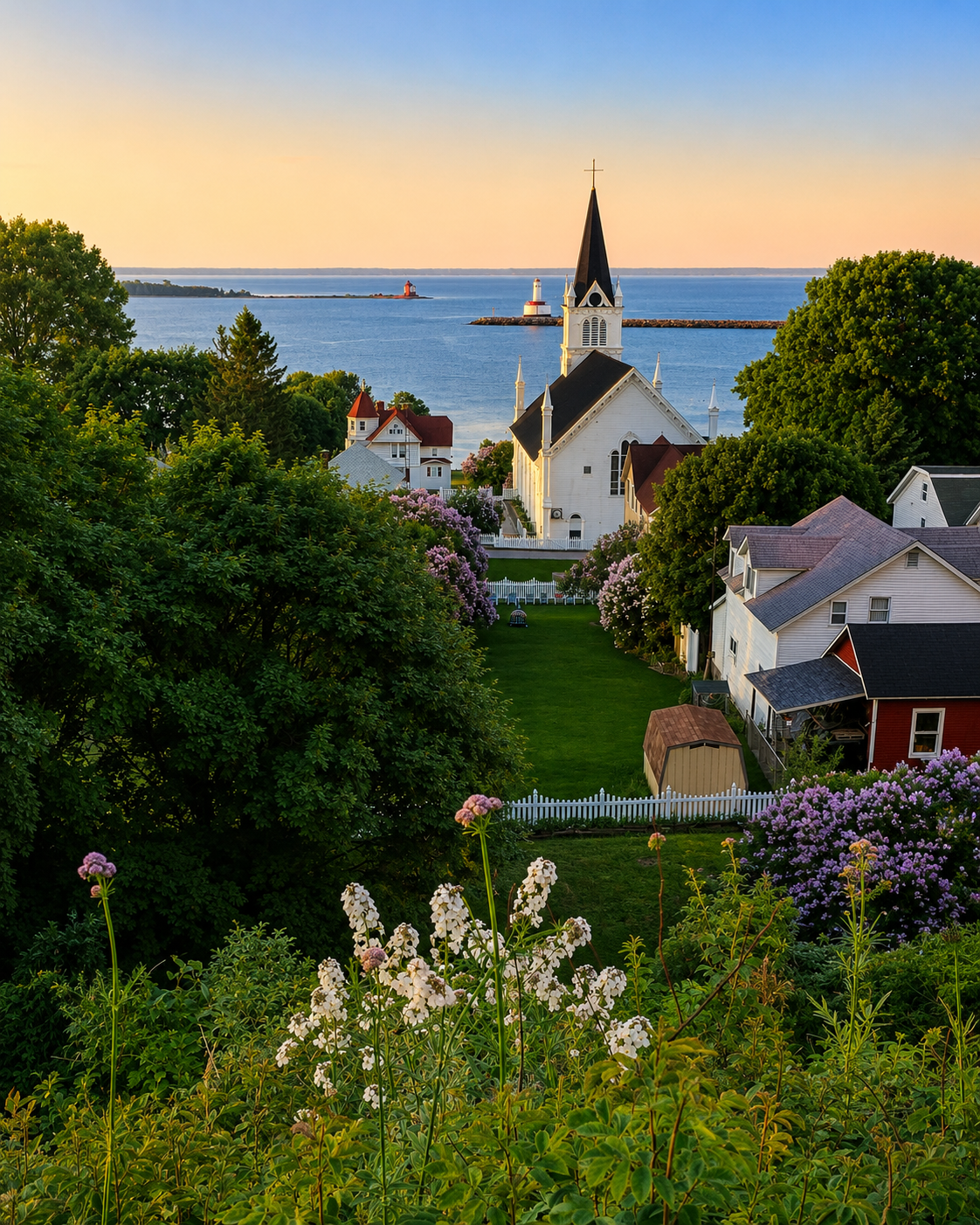 Village church and lighthouse visible from Michigan's coast